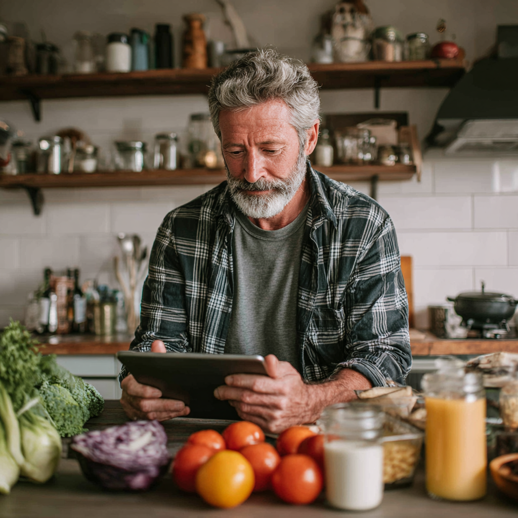 Чоловік 58 років переглядає план харчування на планшеті, сидячи на кухні з здоровими продуктами навколо
