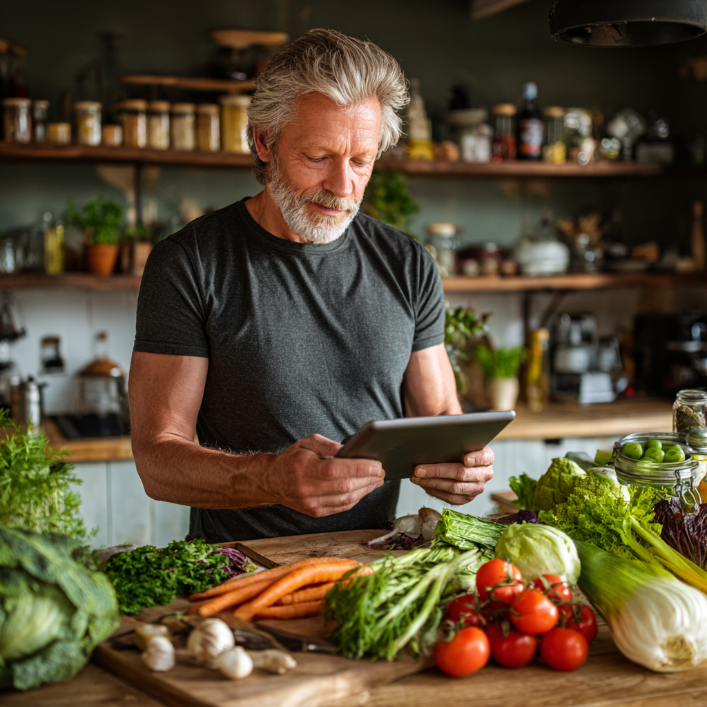 Чоловік 54 роки готує здорову їжу за рецептом з планшета, на столі свіжі овочі та продукти