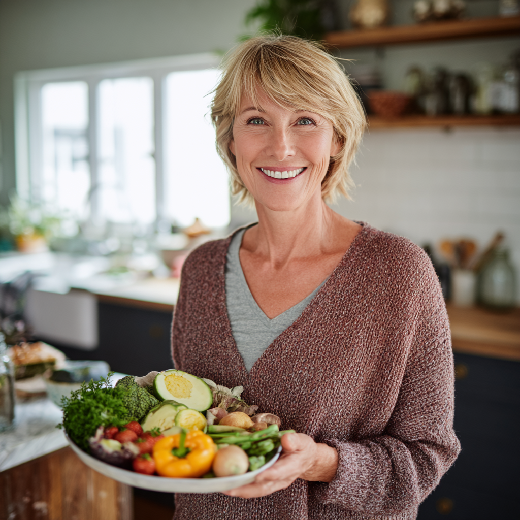 Жінка 52 років тримає тарілку з різноманітними здоровими продуктами, усміхається на кухні з натуральним освітленням