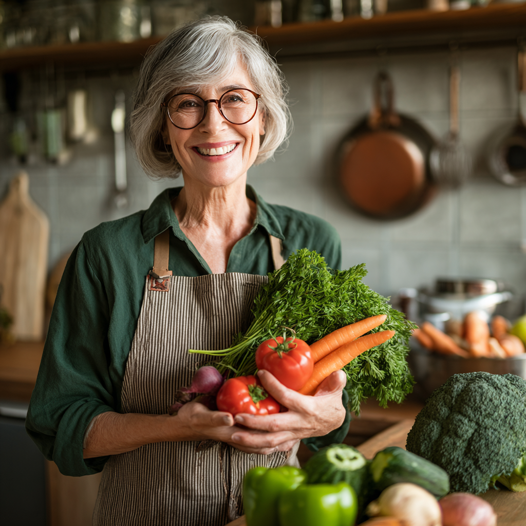 Жінка 55 років готує здорову їжу на кухні, усміхається та тримає в руках свіжі овочі